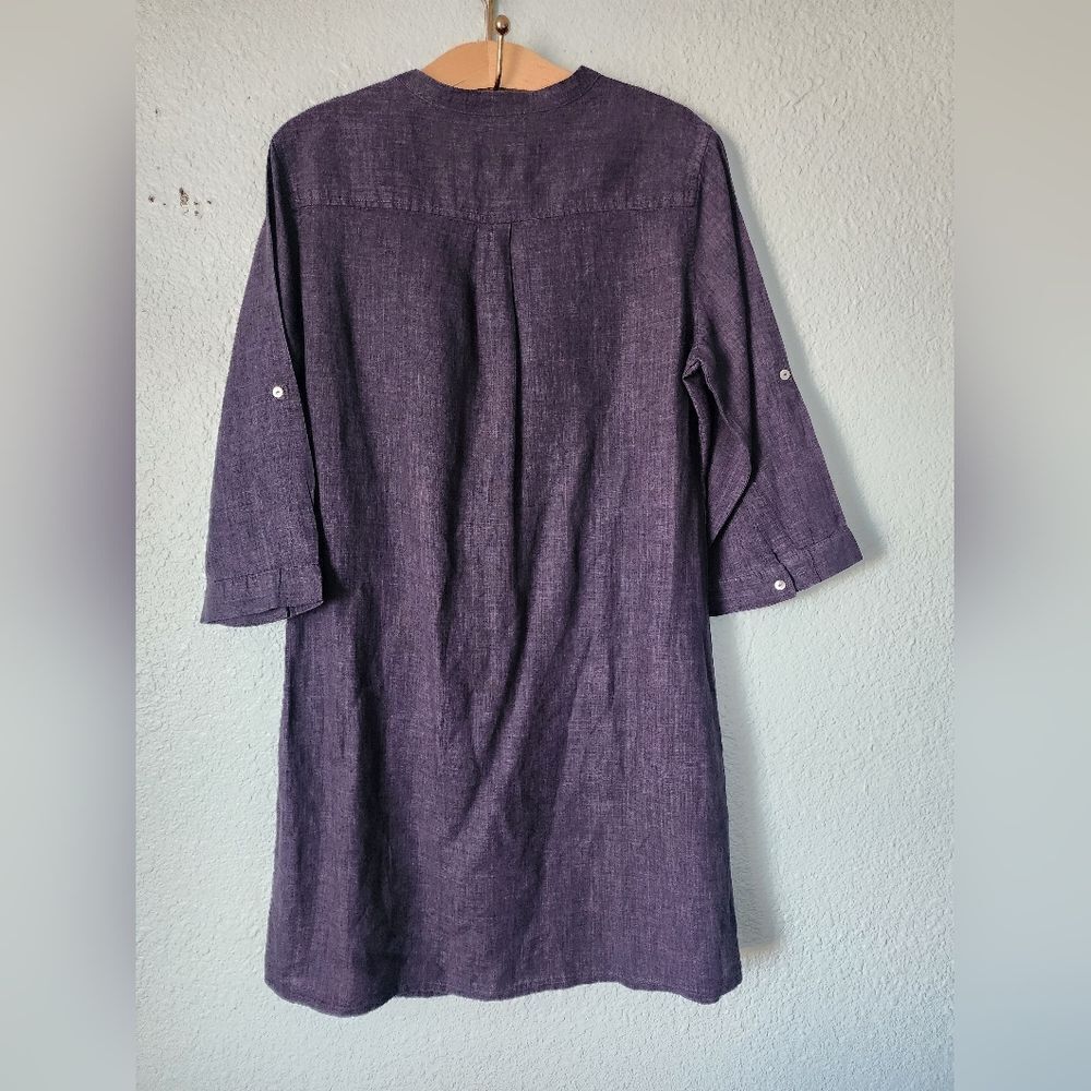Women's Linen Blue Button-Up Tunic Dress - Picture 5 of 11